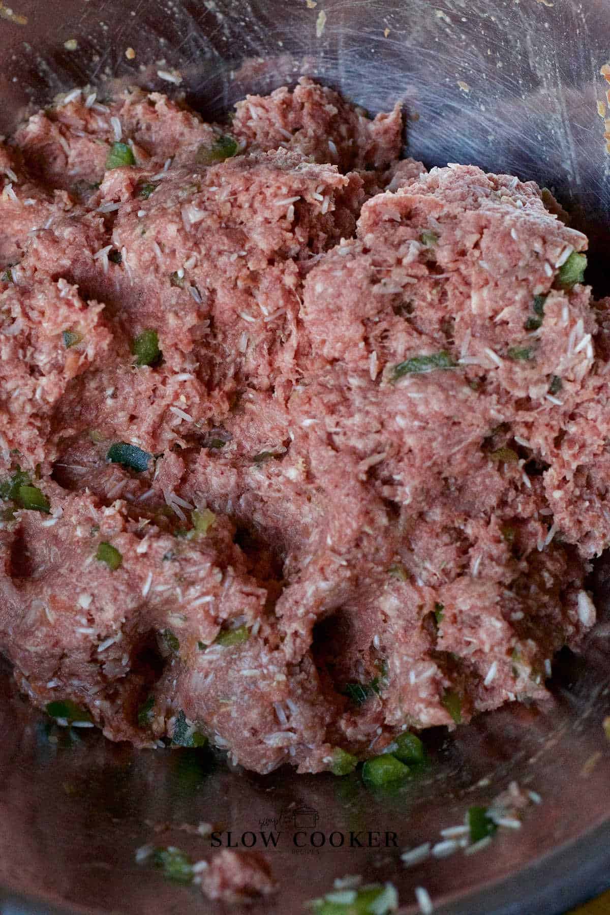 meat, rice, peppers mixture for Cabbage Rolls.