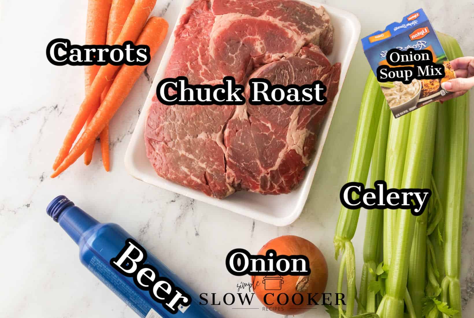 ingredients for chuck roast in a slow cooker, carrots, chuck roast, onion soup mix, celery, onion, beer.