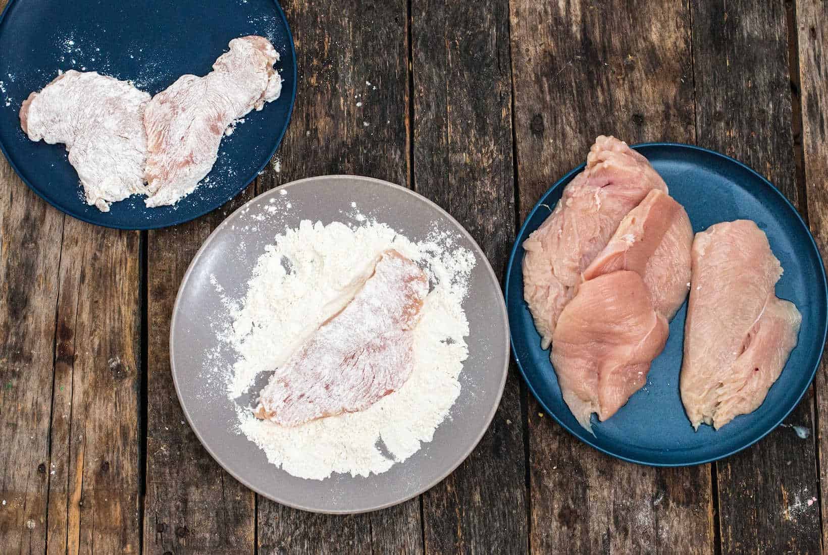 butterflied raw chicken breast dredged in corn starch.